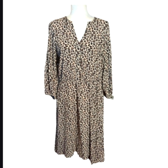 Banana Republic Dress Cheetah Leopard Print brown Rayon 3/4 Balloon Sleeve sz L - Picture 1 of 10